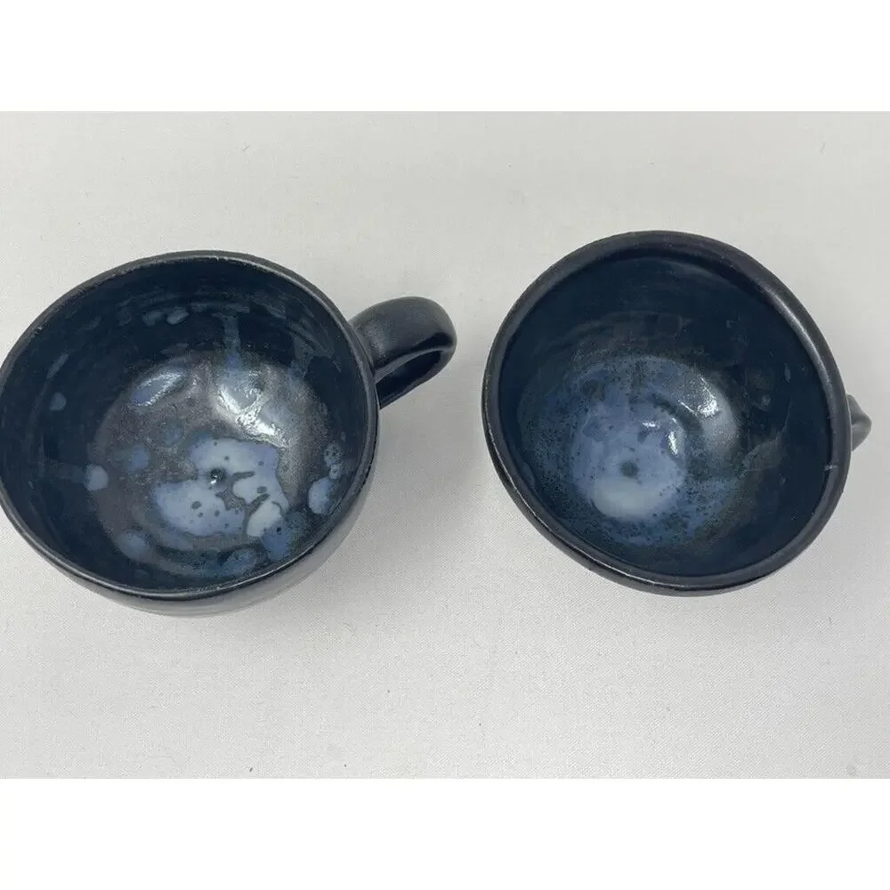Coffee‎ Mug Set Pottery Hand Thrown Signed 8oz Short Dark